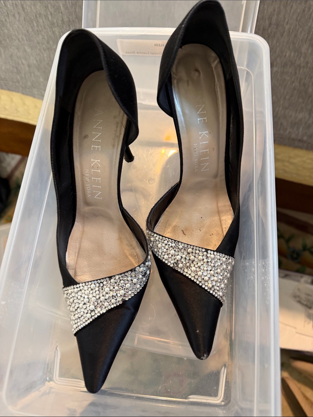 Anne Klein Black Pointed-Toe Pumps with Crystal Strap